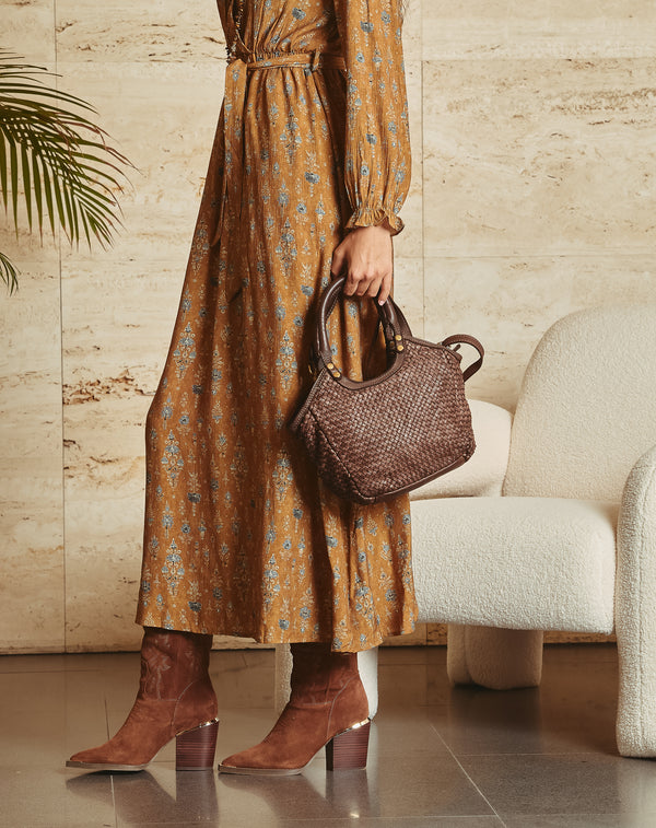 BOLSO PIEL CESTA TRENZADA MARRÓN