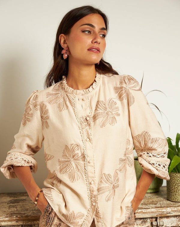 BLUSA ROMÁNTICA FLORA TAUPE - Monica Ecco