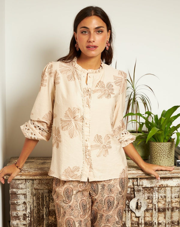 BLUSA ROMÁNTICA FLORA TAUPE - Monica Ecco