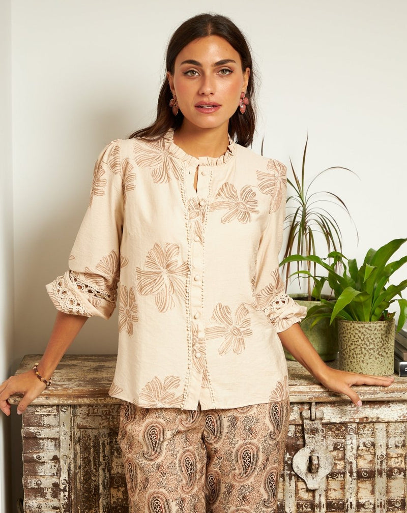 BLUSA ROMÁNTICA FLORA TAUPE - Monica Ecco