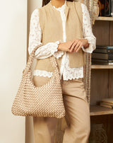 BOLSA PIEL ASA TRENZADA GRANDE BEIGE - Monica Ecco