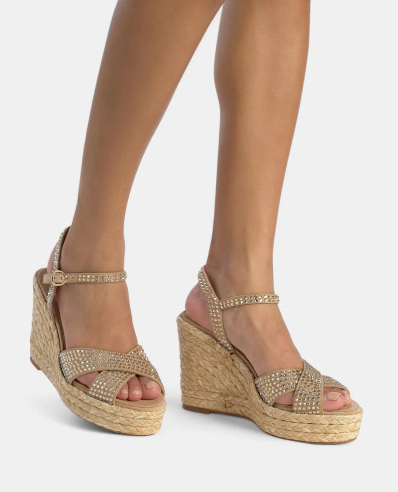 CUÑA TIRAS CRUZADAS BRILLOS - Monica Ecco