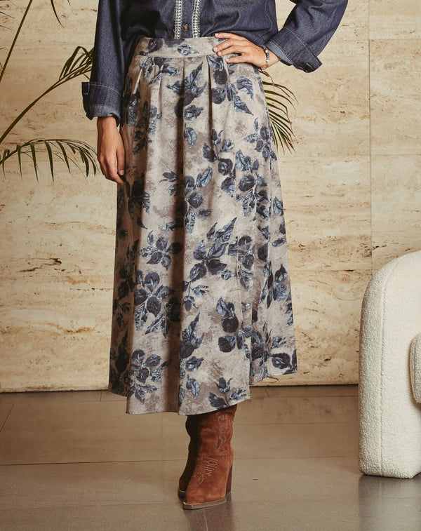 FALDA FLORES TINA GRIS - Monica Ecco