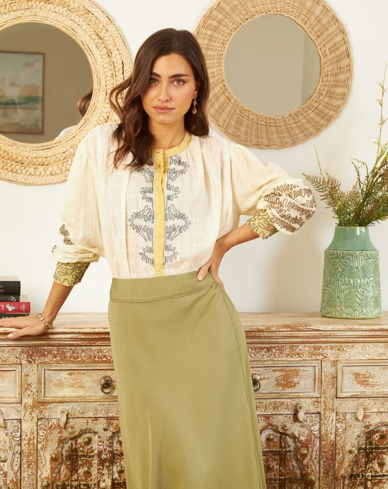 FALDA MIDI SATINADA VERDE - Monica Ecco