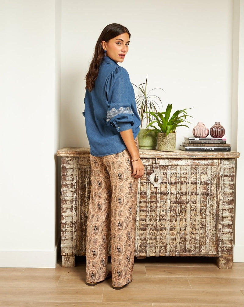 PANTALÓN ESTAMPADO ELOISE BEIGE - Monica Ecco