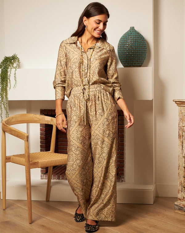 PANTALÓN FLORES MONA TAUPE - Monica Ecco