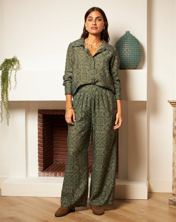 PANTALÓN FLORES MONA VERDE - Monica Ecco