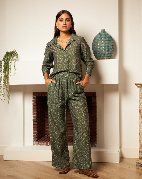 PANTALÓN FLORES MONA VERDE - Monica Ecco