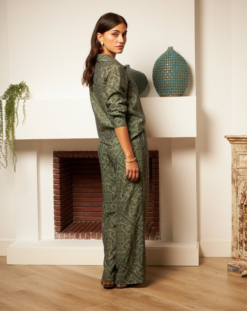 PANTALÓN FLORES MONA VERDE - Monica Ecco
