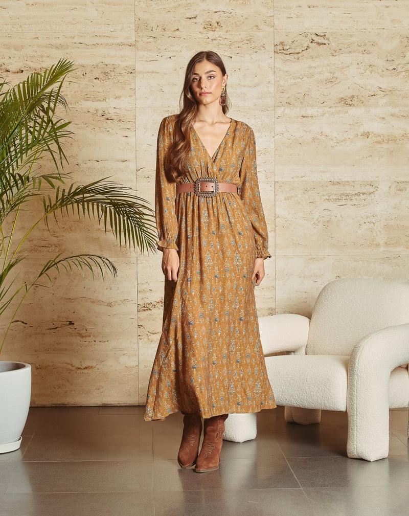 VESTIDO CRUZADO ALBA CAMEL - Monica Ecco