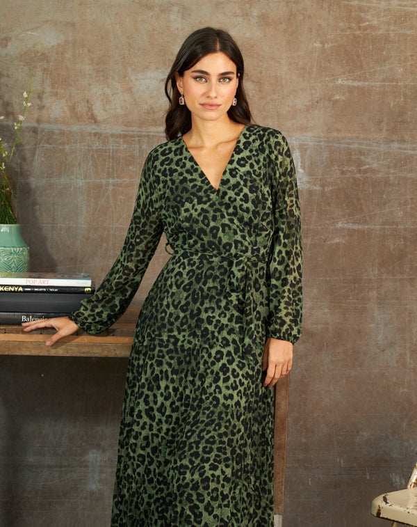 VESTIDO CRUZADO LEOPARDO VERDE - Monica Ecco