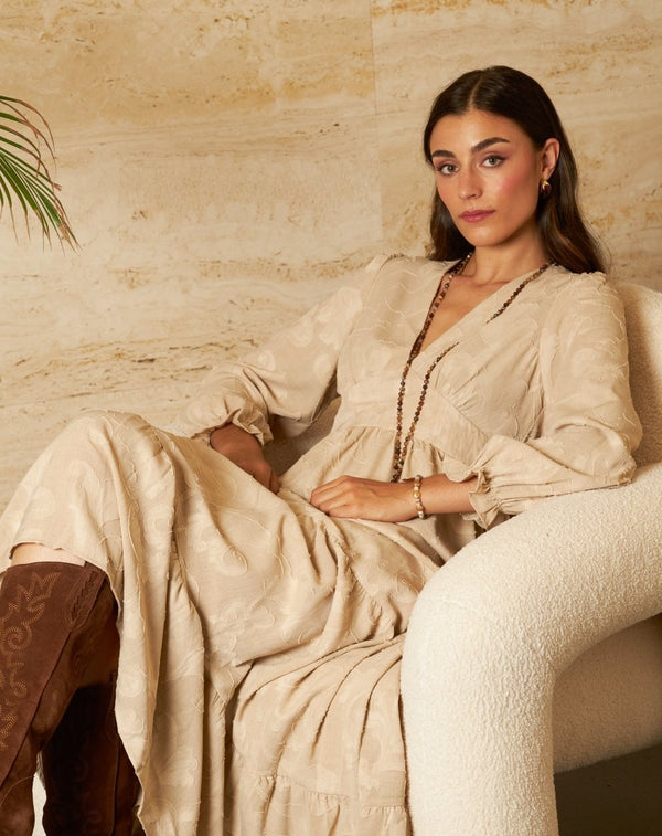 VESTIDO FLORES NURIA BEIGE - Monica Ecco