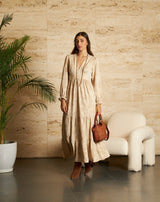 VESTIDO FLORES NURIA BEIGE - Monica Ecco