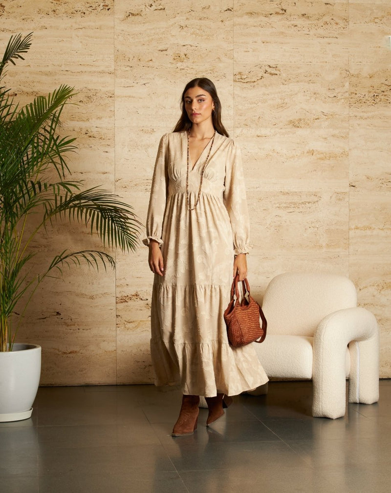 VESTIDO FLORES NURIA BEIGE - Monica Ecco