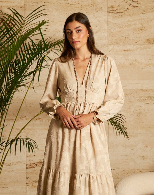 VESTIDO FLORES NURIA BEIGE - Monica Ecco