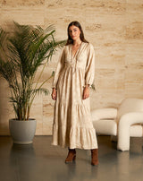 VESTIDO FLORES NURIA BEIGE - Monica Ecco