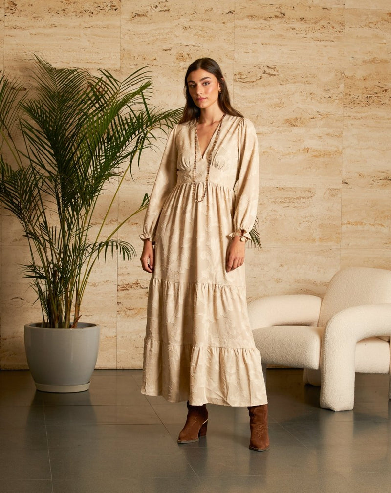 VESTIDO FLORES NURIA BEIGE - Monica Ecco