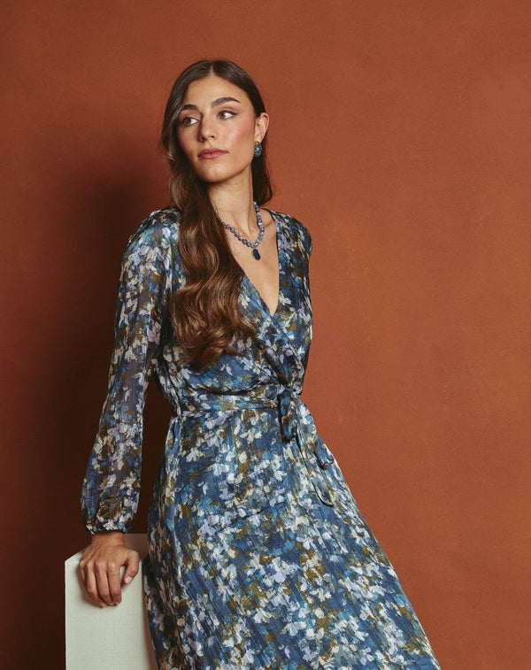 VESTIDO LARGO FLOR SONIA AZUL - Monica Ecco