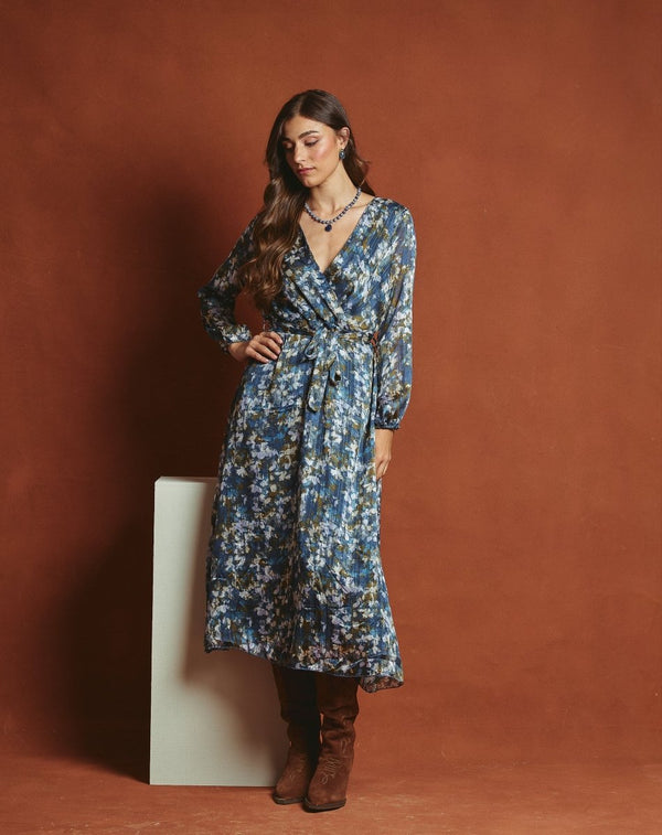 VESTIDO LARGO FLOR SONIA AZUL - Monica Ecco