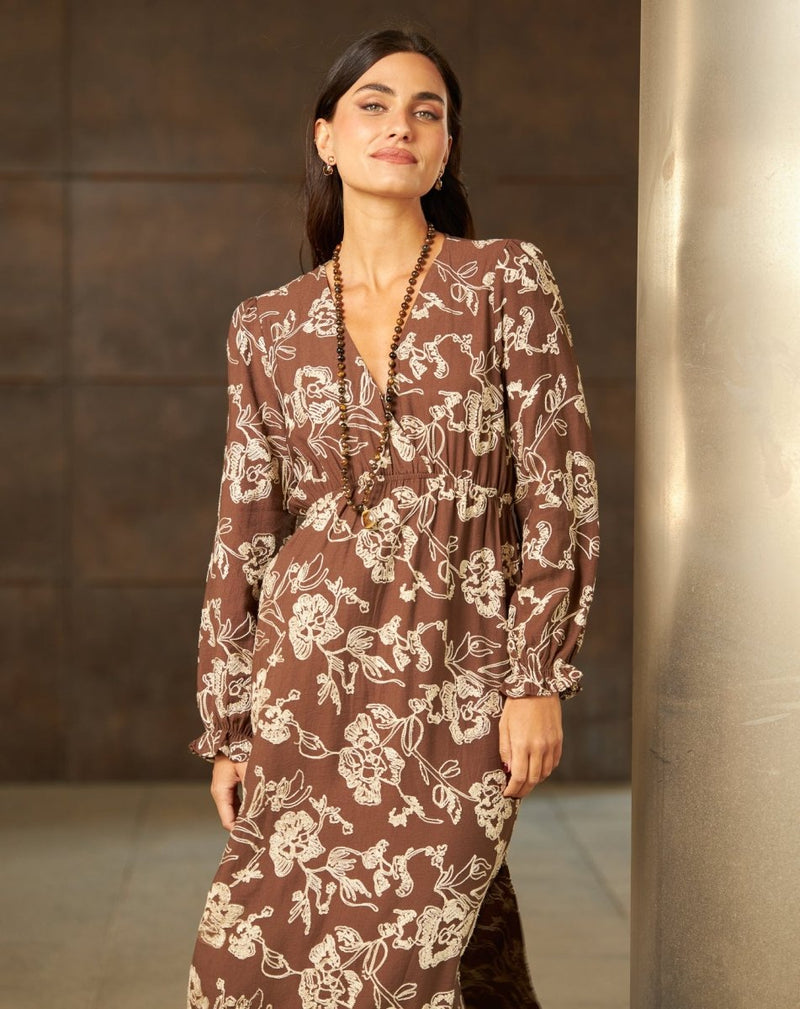 VESTIDO LARGO FLORAL MINA MARRÓN - Monica Ecco