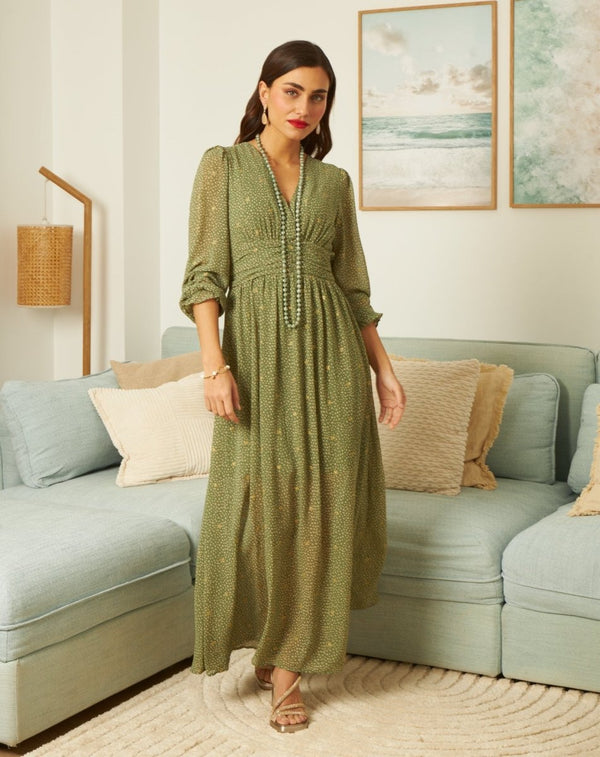 VESTIDO VAPOROSO TOPOS VERDE - Monica Ecco